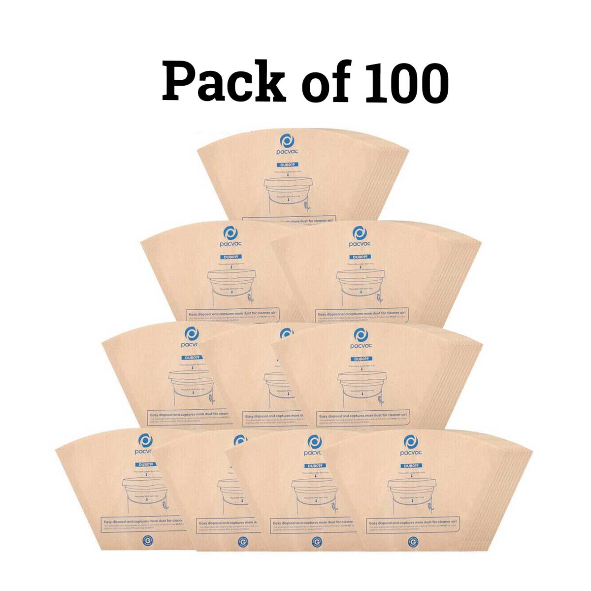 100 x Genuine DUB019 Pacvac Superpro Disposable Paper Dust Bags