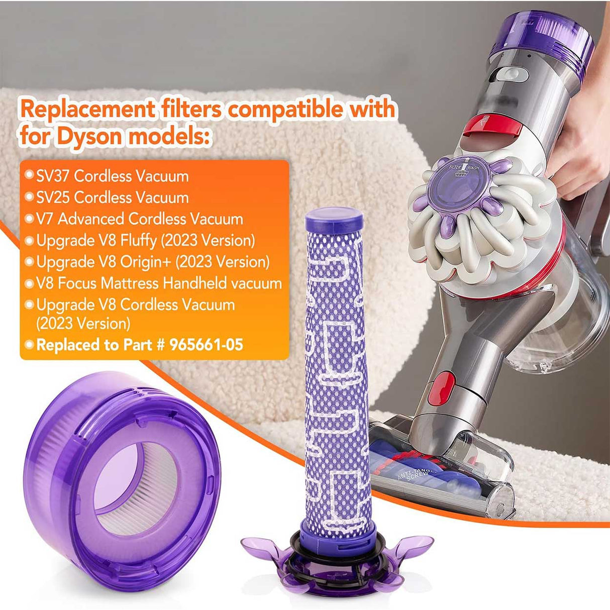 Replacement filter kit for Dyson V7 Advanced SV37 and V8 SV25 cordless vacuums.