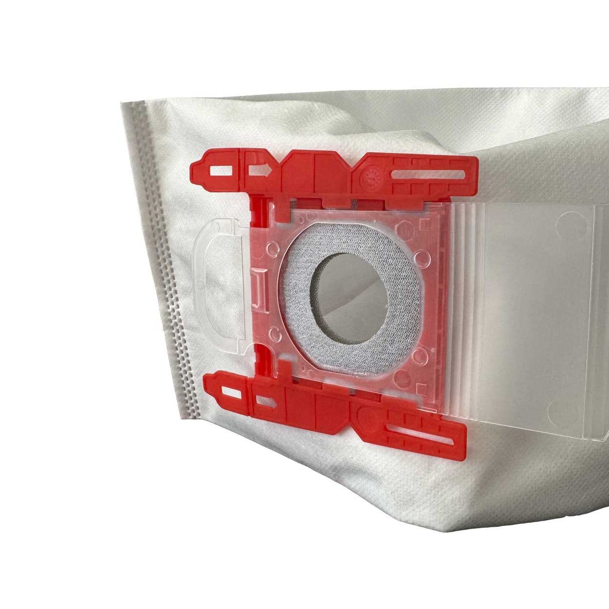 Plastic connector collar on a compatible replacement for Bosch BBZ41FGALL vacuum bags ensuring secure fit.