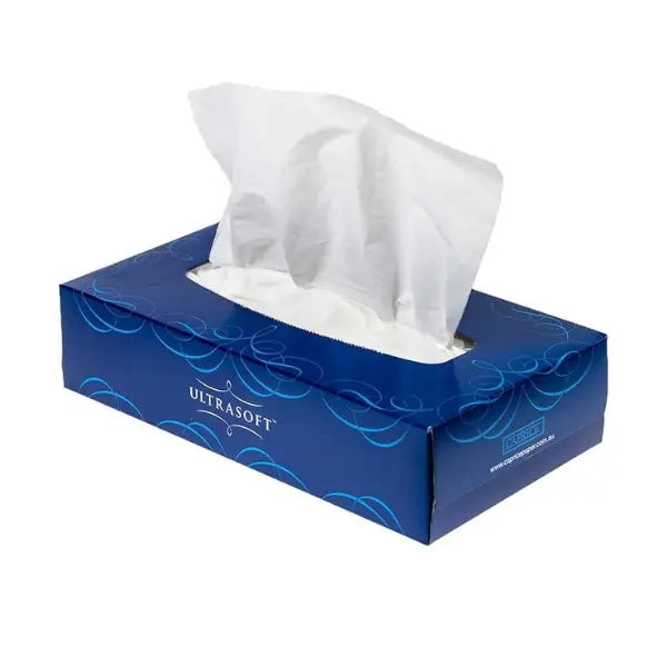 Blue box of Ultrasoft tissues on a white background