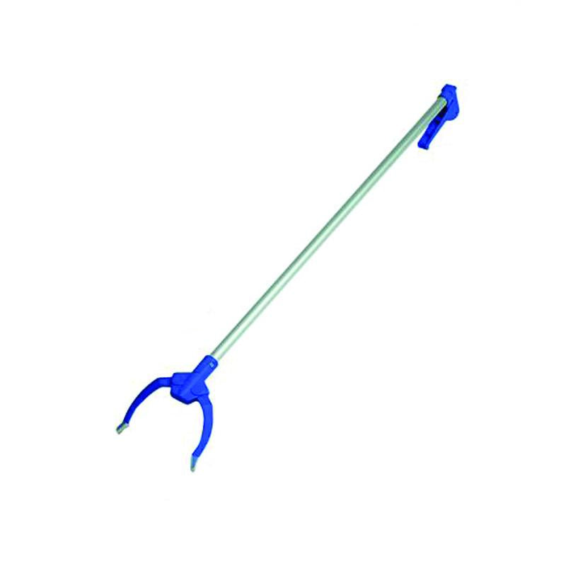 blue hazardous waste collectors with an extra-long handle, designed for safe disposal of syringes, sharp objects, and hazardous waste.
