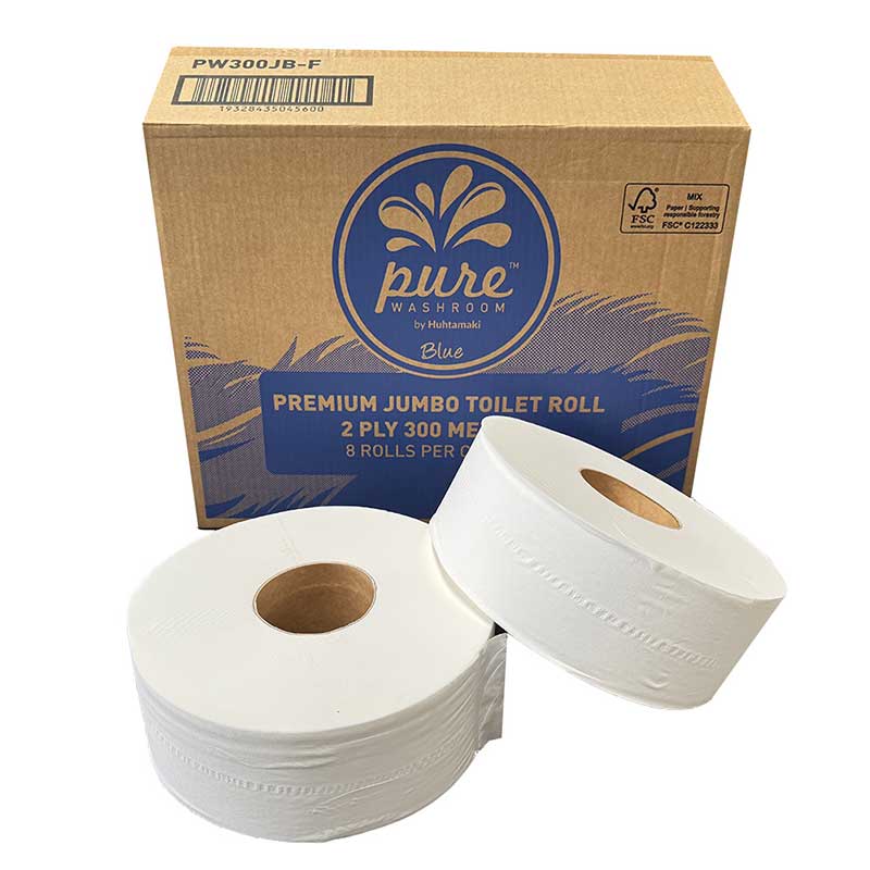 Jumbo Toilet Paper Pure Washroom 2 Ply 300m Rolls 8 Pack