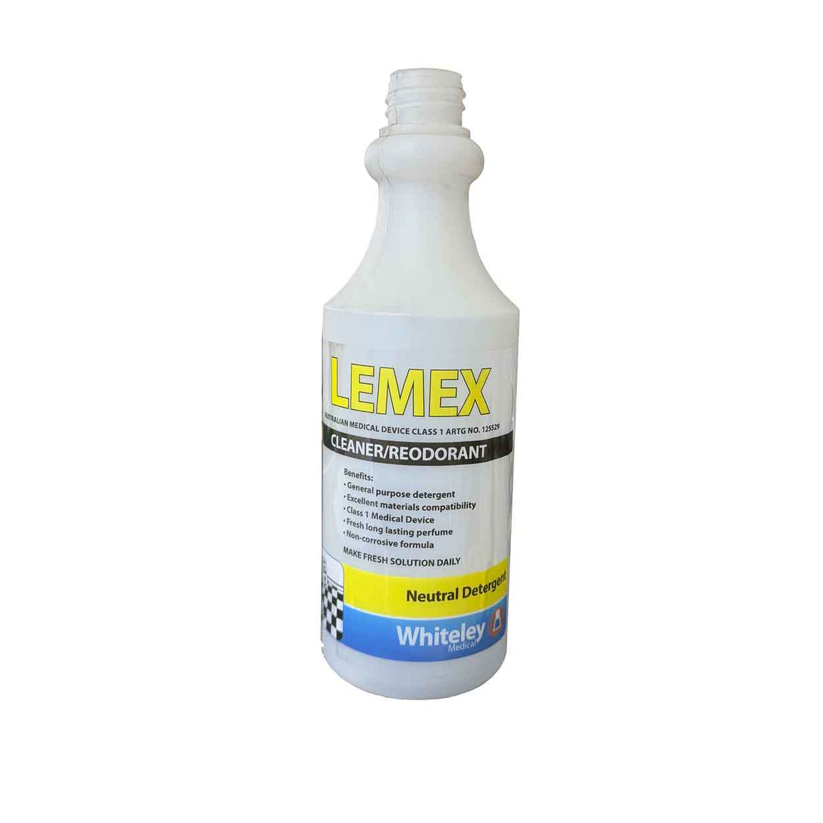 A white plastic bottle of Lemex Neutral Detergent Cleaner/Reodorant by Whiteley, featuring a white label with yellow, black, and blue branding, set against a plain white background.