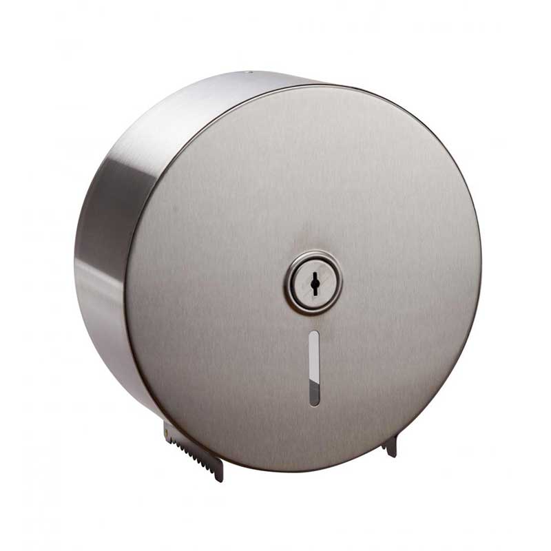 A stainless steel jumbo toilet roll dispenser with a key lock mechanism.