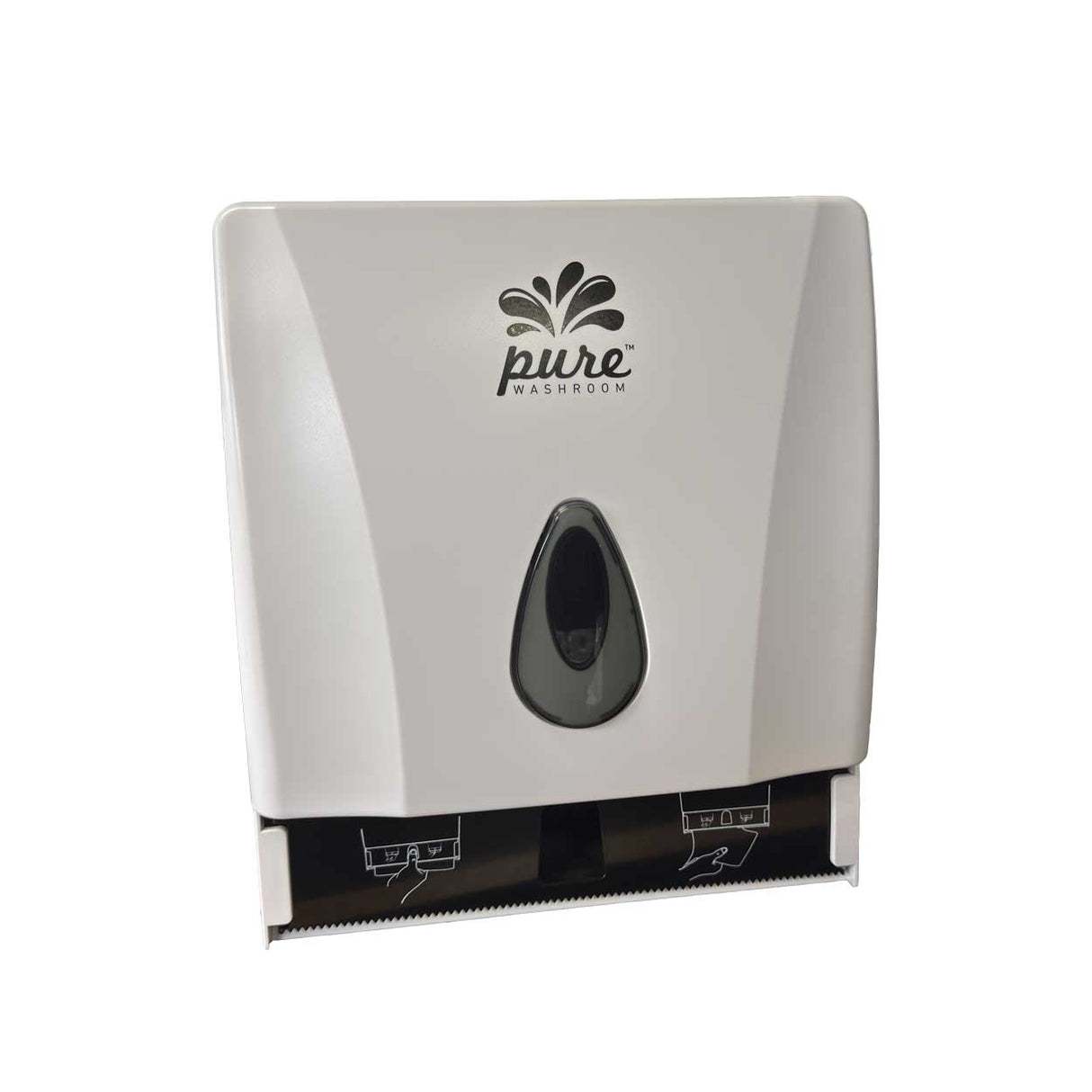 Wall mounted towel dispenser with viewing window and safety cutter