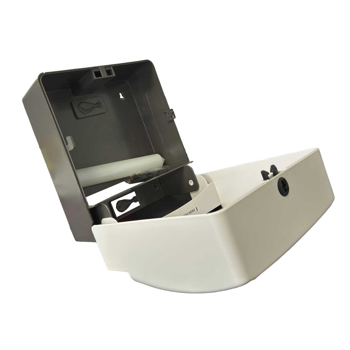 Large capacity paper roll dispenser centre pull style wall fixings visible