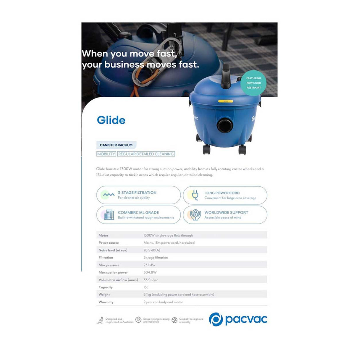 Pacvac Glide 300 Commercial Vacuum Cleaner