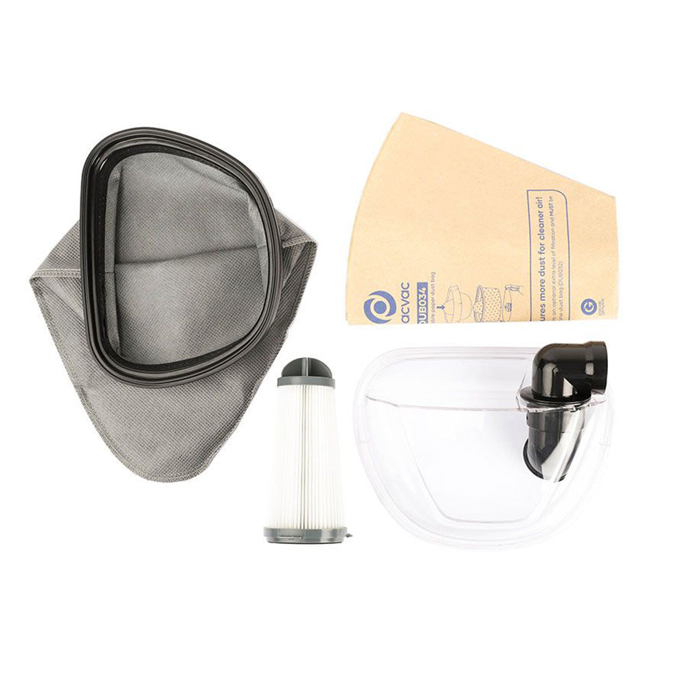 Pacvac Lid & Filtration Service Kit SEK016 showing lid, reusable dust bag, disposable bags, and pre-motor filter
