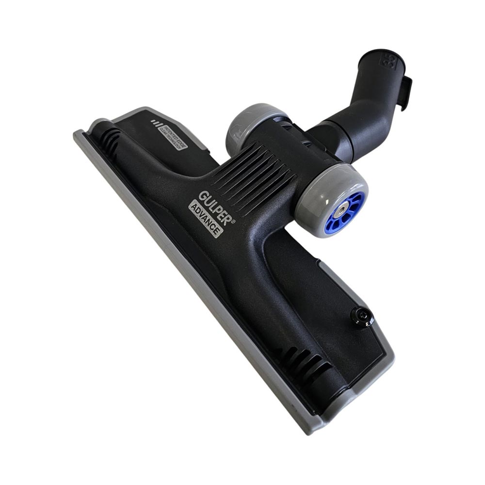 A black gulper advance floor tool with ball bearing wheels and a grey rubber bumper bar, designed for use with a 35mm rod vacuum cleaner.