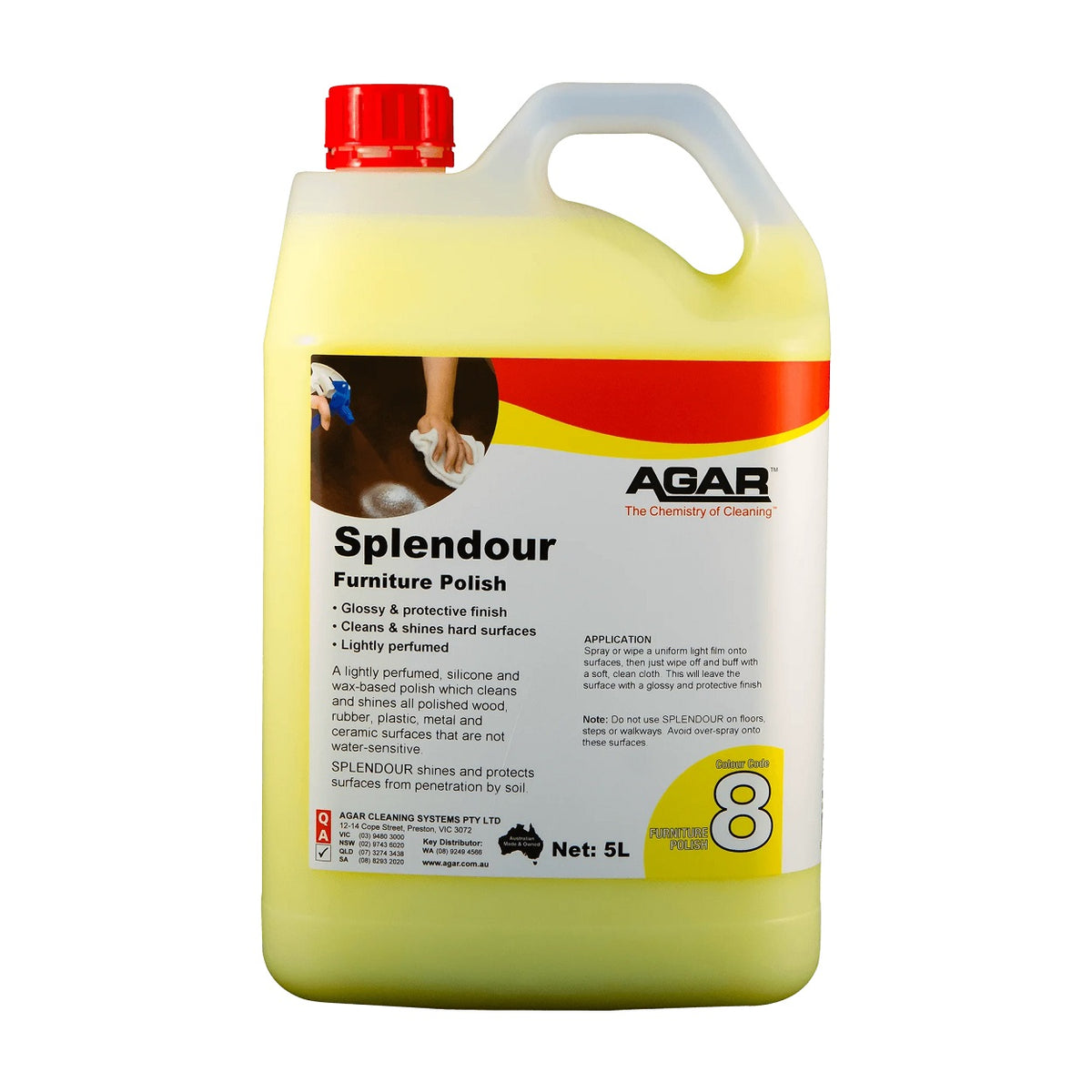 silicone and wax furniture polish for water-resistant wood, vinyl, plastic, metal and ceramic, leaving a glossy protective finish.