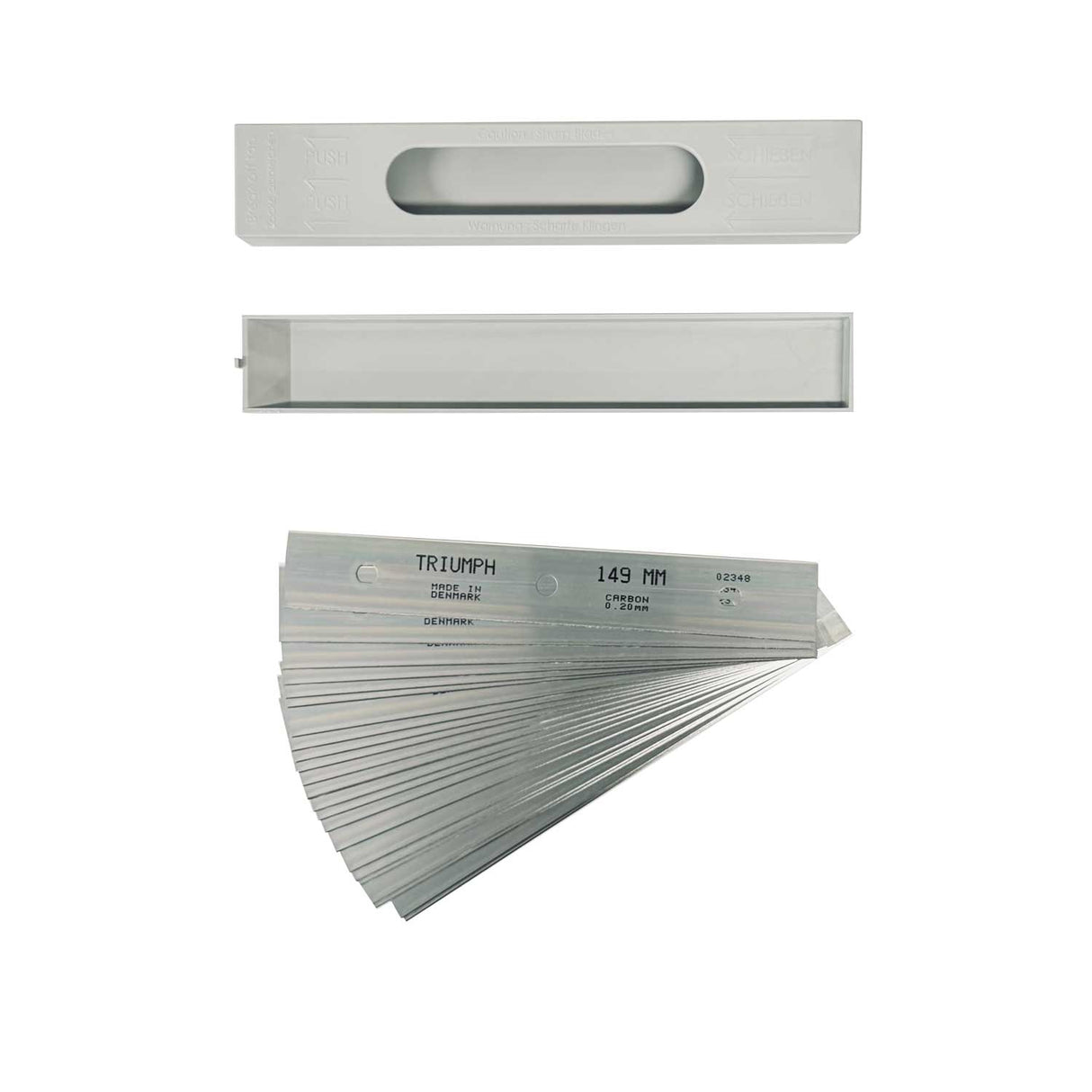 Set of metal feeler gauges with Triumph branding on a white background