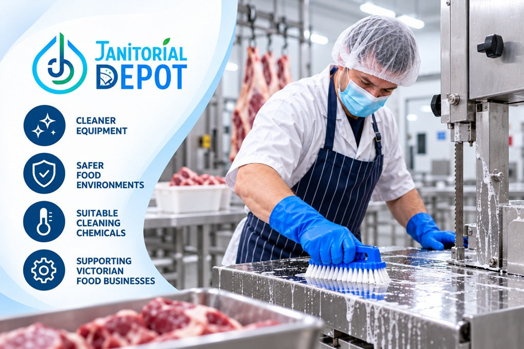 Worker cleaning stainless-steel equipment in a butcher and meat-processing facility