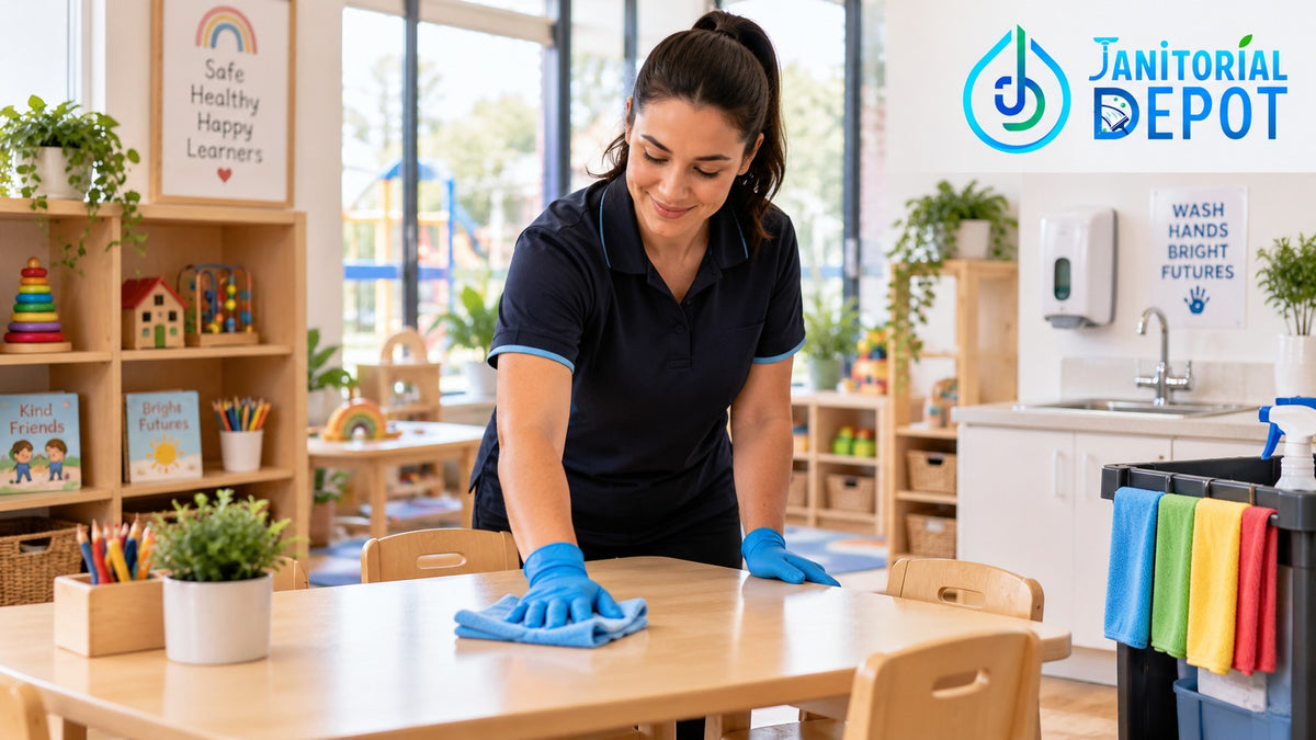 Childcare cleaning in Victoria with a cleaner wiping a child-height table in an early learning room using colour-coded cleaning cloths.