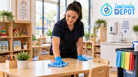 Childcare cleaning in Victoria with a cleaner wiping a child-height table in an early learning room using colour-coded cleaning cloths.