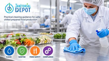 Worker cleaning stainless steel equipment in a chilled ready-to-eat prepared food manufacturing facility