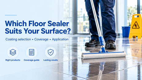 Worker applying floor sealer with a wide applicator to a tiled floor, demonstrating protective floor coating application and even coverage.
