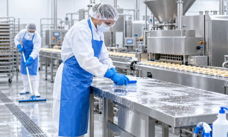 Food factory worker cleaning and sanitising stainless steel food processing equipment