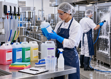 Food processing worker selecting cleaning chemicals beside stainless steel commercial kitchen equipment