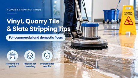 Commercial floor stripping machine removing old floor polish, with guidance for stripping vinyl, quarry tile and slate floors in homes and businesses.