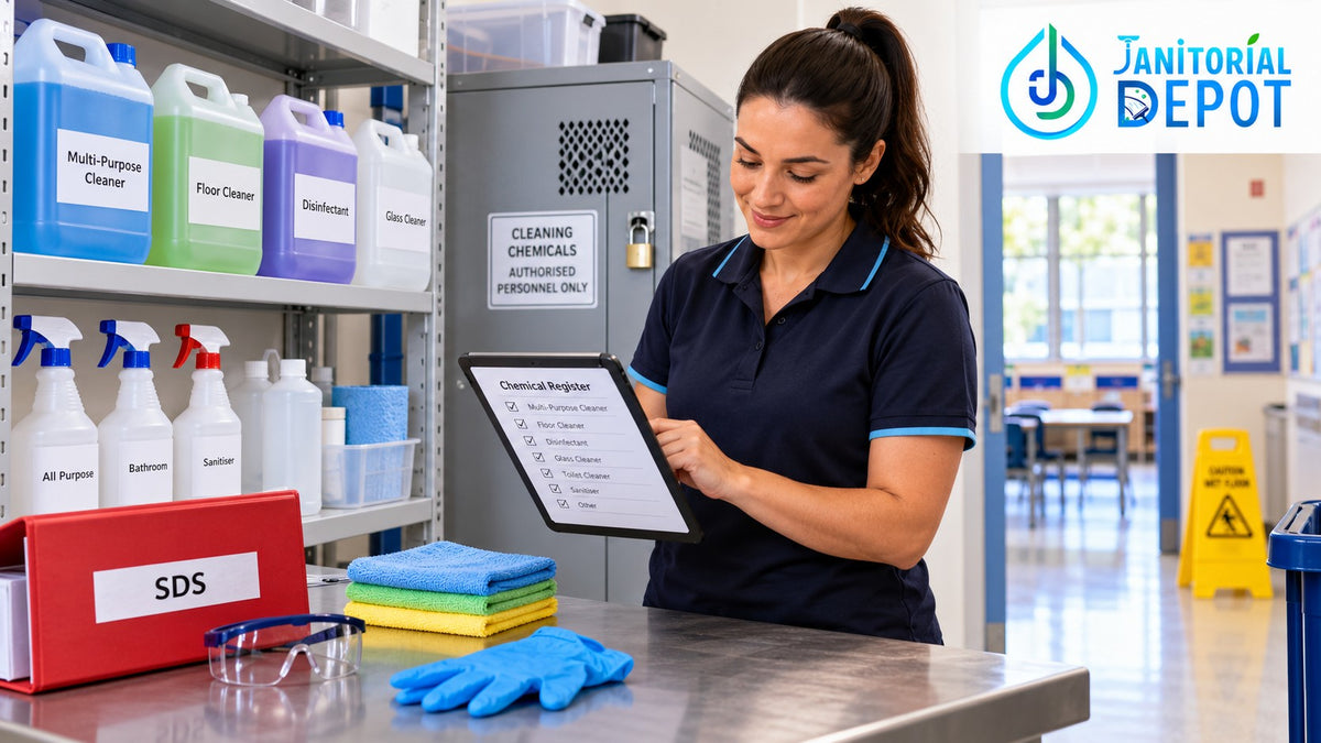 Victorian school cleaning chemical management with secure chemical storage, SDS folder, PPE and a digital chemical register.