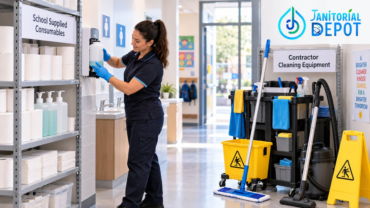 Victorian school cleaning standards showing school-supplied washroom consumables beside contractor cleaning equipment and supplies.