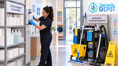 Victorian school cleaning standards showing school-supplied washroom consumables beside contractor cleaning equipment and supplies.