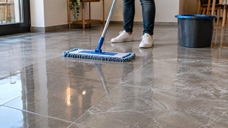 Person mopping a tiled floor with visible streaks and residue after cleaning.