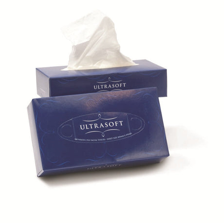 Two blue ULTRASOFT tissue boxes on a white background, with one box open and a tissue partially pulled out.