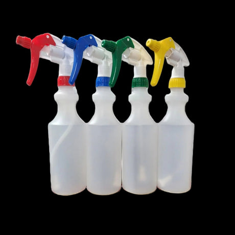 Four plastic spray bottles with translucent white bodies and colorful trigger sprayers in red, blue, green, and yellow, arranged side by side on a plain white background.