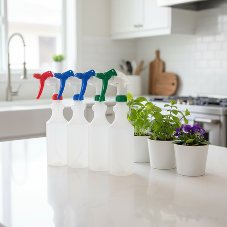 Four translucent spray bottles with red, blue, green, and purple trigger sprayers lined up on a white kitchen countertop, with three small potted plants beside them in a bright modern kitchen.