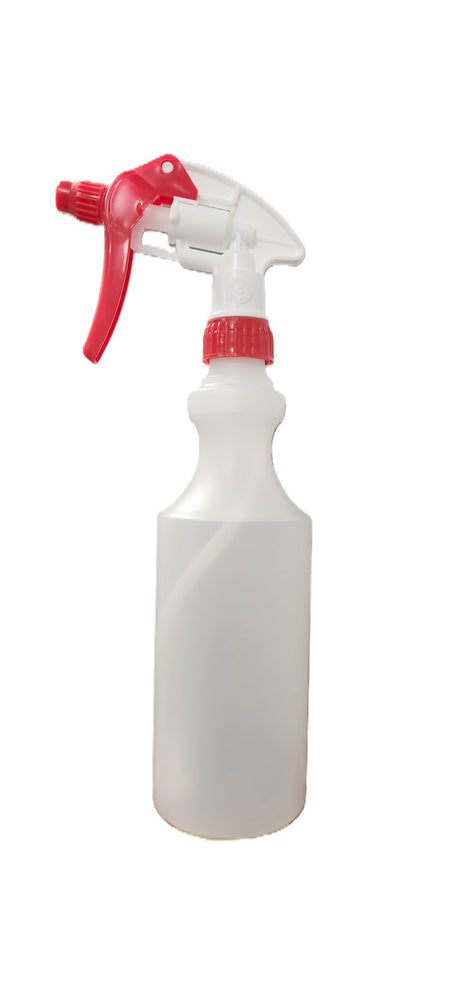 A translucent white plastic spray bottle with a red trigger sprayer and red collar, isolated on a white background.