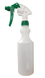 A translucent white plastic spray bottle with a green trigger sprayer and a matching green collar, isolated on a white background.