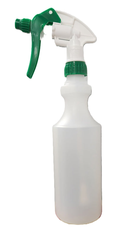 A translucent white plastic spray bottle with a green trigger sprayer and a matching green collar, isolated on a white background.
