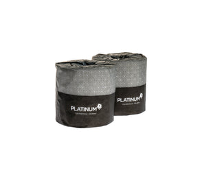 Carton of 48 Platinum toilet paper rolls for hospitality settings.
