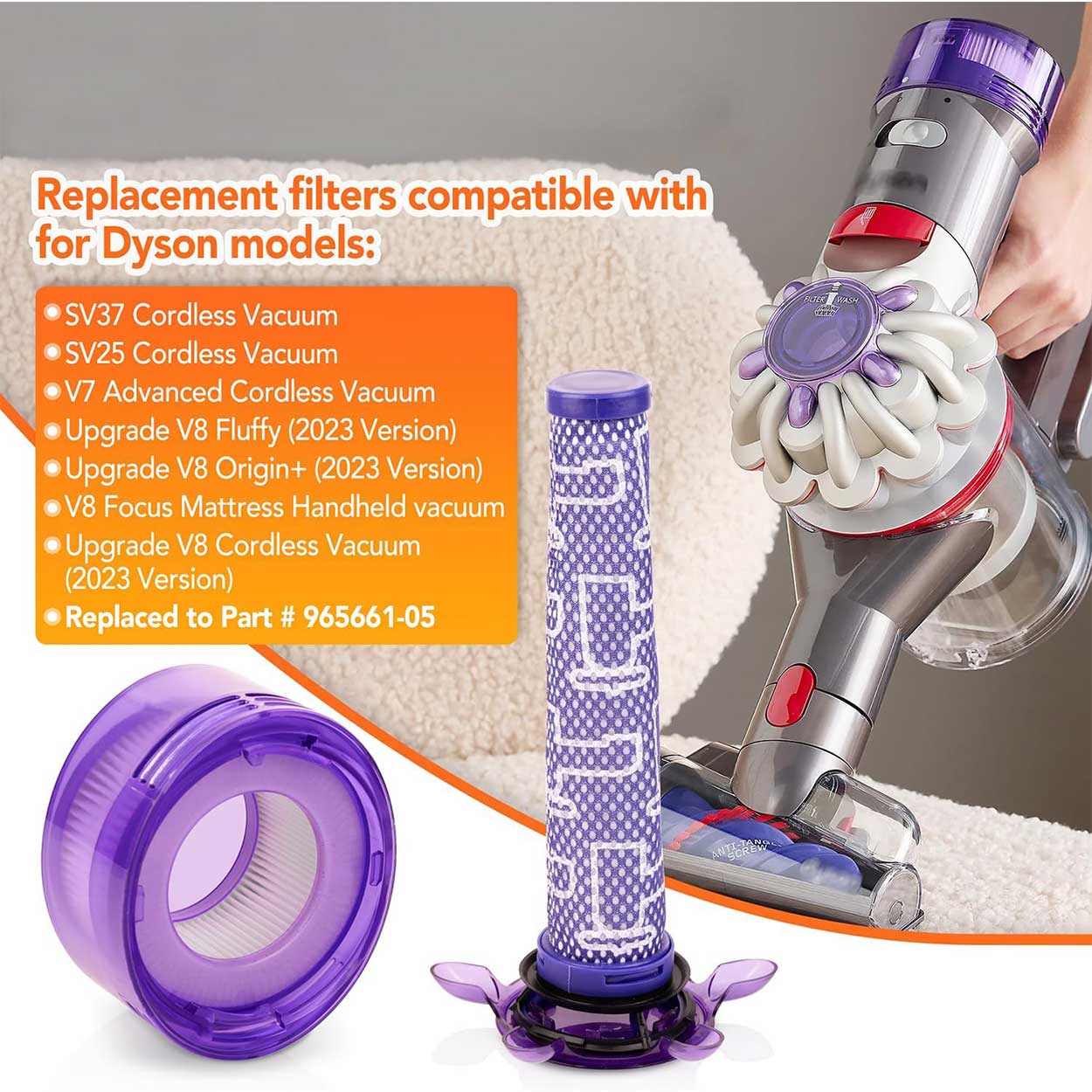 Replacement filter kit for Dyson V7 Advanced SV37 and V8 SV25 cordless vacuums.