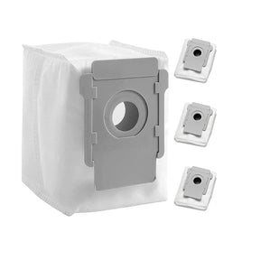 Pack of 3 white synthetic vacuum bags with grey plastic collar for Roomba.