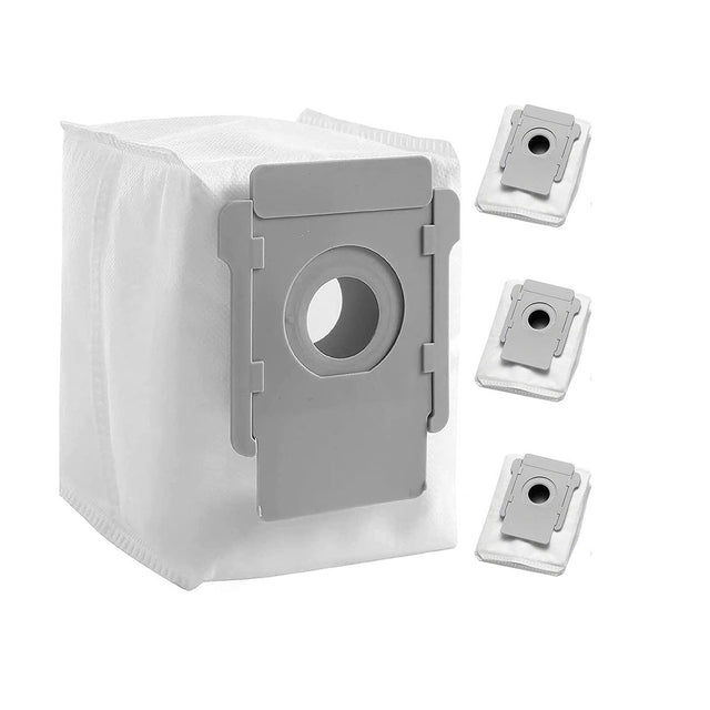 Pack of 3 white synthetic vacuum bags with grey plastic collar for Roomba.