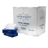 Ultrasoft facial tissues with a box and tissue pack on a white background