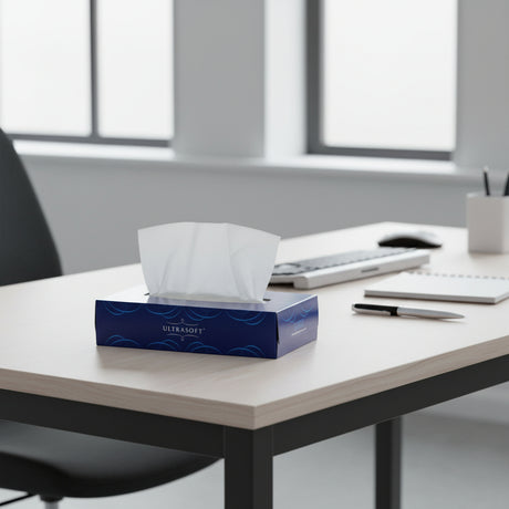 A box of Ultrasoft tissue paper with white tissue sheets partially pulled out. The packaging is dark blue with light blue wave patterns and the brand name 'ULTRASOFT' is visible on the front.
