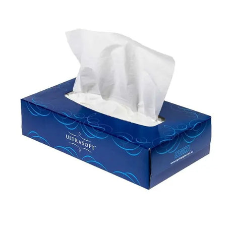 Blue box of Ultrasoft tissues on a white background