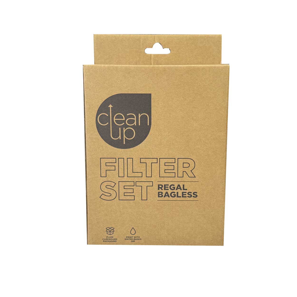 Cardboard box with 'Filter Set' and 'Regal Bagless' text on a white background