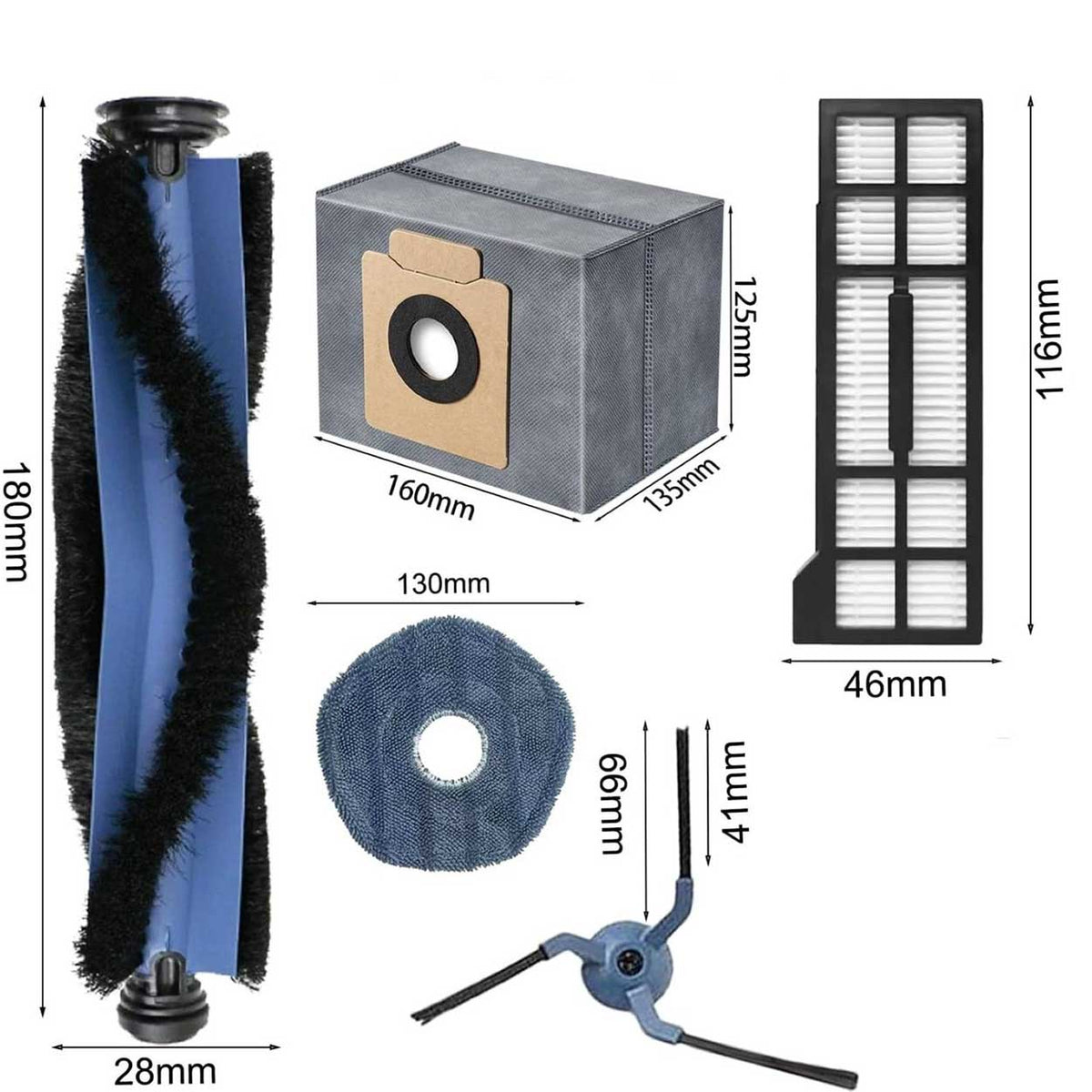 Replacement roller,  side brushes, bag,and filter with dimensions for eufy RoboVac X10 Pro Omni