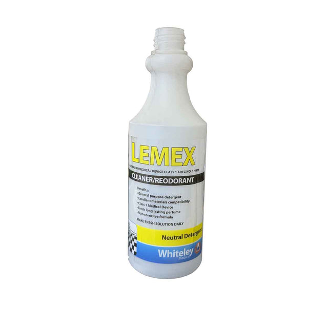 A white plastic bottle of Lemex Neutral Detergent Cleaner/Reodorant by Whiteley, featuring a white label with yellow, black, and blue branding, set against a plain white background.