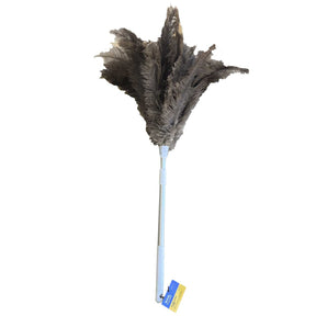 A large ostrich feather duster with an extendable aluminum handle.