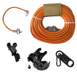 Cord and lead service kit with short lead, cord restraint, extension lead, and holders arranged for Pacvac backpack vacuum maintenance.