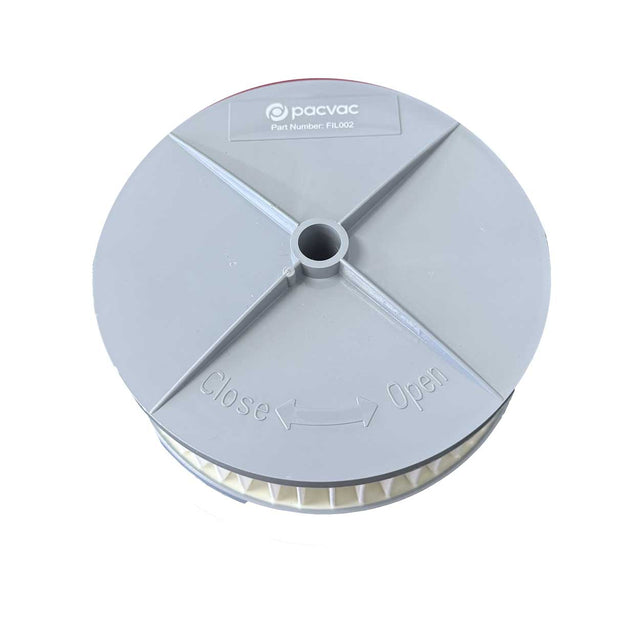 Pacvac Pre-Motor Cartridge Filter 68 mm grey (FIL002) displayed with twist-lock housing