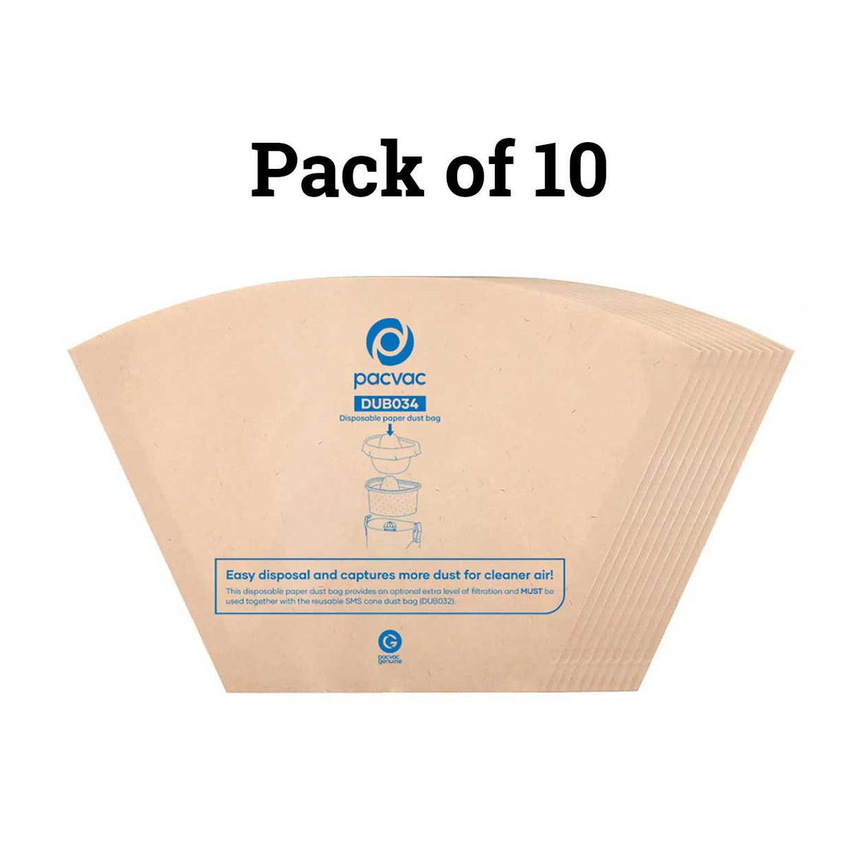 Pacvac Velo Disposable Paper Dust Vacuum Cleaner Bags 10pk, Genuine