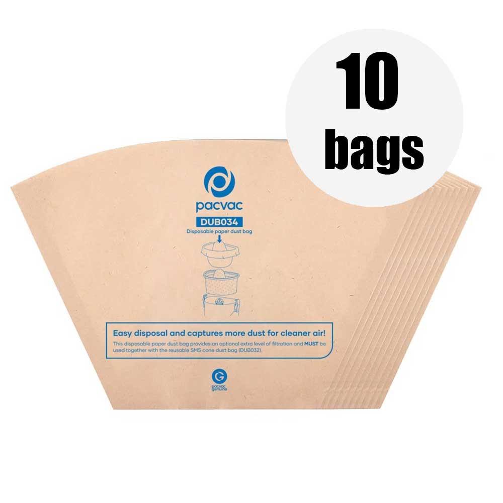 Pacvac Velo Disposable Paper Dust Vacuum Cleaner Bags 10pk, Genuine