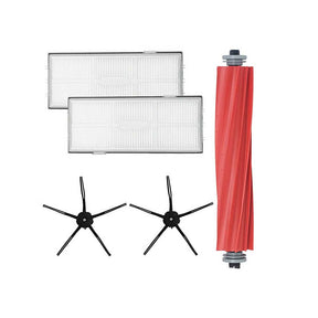 Flat lay of Roborock S7 accessory pack showing red rubber brush, two filters, and two white side brushes.