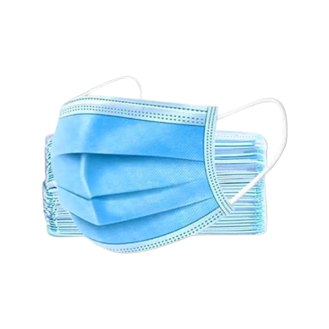 A light blue disposable pleated face mask with white ear loops, shown against a solid gray background.